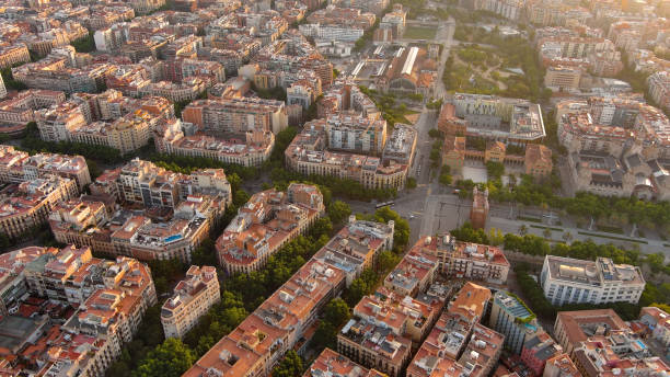 Aerial view of Barcelona Urban Skyline and The Arc de Triomf or Arco de Triunfo in spanish, a triumphal arch in the city of Barcelona Arc de Triomf during sunrise in the morning, Barcelona, Catalonia, Spain. arc de triomf barcelona stock pictures, royalty-free photos & images
