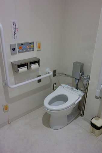 Tokyo, Japan - March 24th, 2018: Public toilet, inside of public anyone toilet in Tokyo city