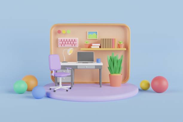 istock 3D Conceptual work spaces of online social communication with simple design objects. work desk complete with computer and work equipment. bright office desk concept, 3D Render. 1418442460
