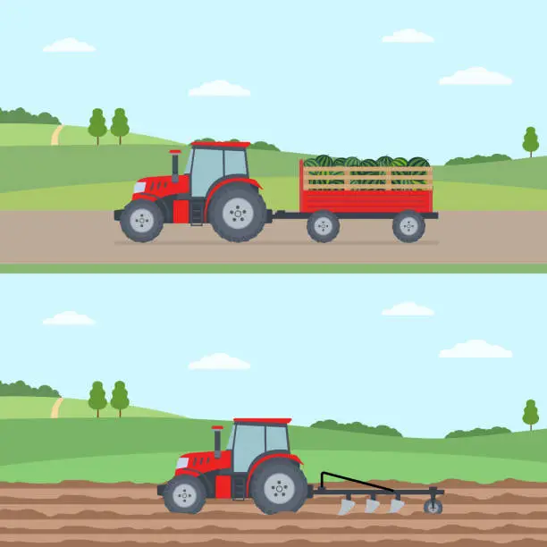 Vector illustration of Tractor plowing the field. Tractor carrying the harvest. Agriculture concept.