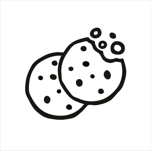 흰색 배경에 초콜릿 케이크의 두 초콜릿 칩 쿠키 아이콘. 간단한 쿠키 아이콘 벡터 일러스트레이션. 물린 쿠키 실루엣 또는 로고. 둥근 흑백 비스킷 기호 분리 - design element circle computer graphic coffee stock illustrations