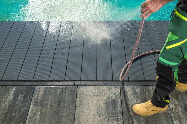 Outdoor Swimming Pool Composite Deck Pressure Washing stock photo