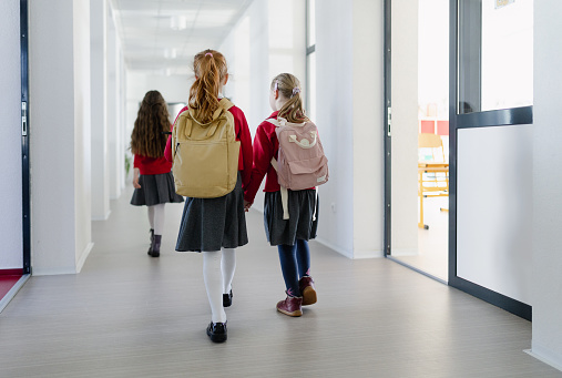 A happy schoolgirl with Down syndrome classmate in uniform walking in scool corridor with classmates, rear view.