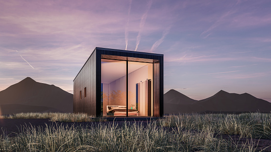3d rendering illustration of small box cabin minimal house with natural scenery
