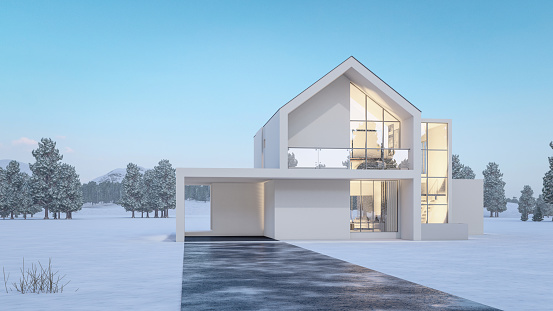 3d rendering illustration of modern house with garage, walkway to a house and snow landscape