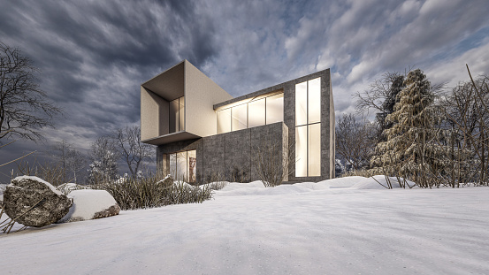 3D rendering illustration of modern minimal house with slope terrain and snow landscape