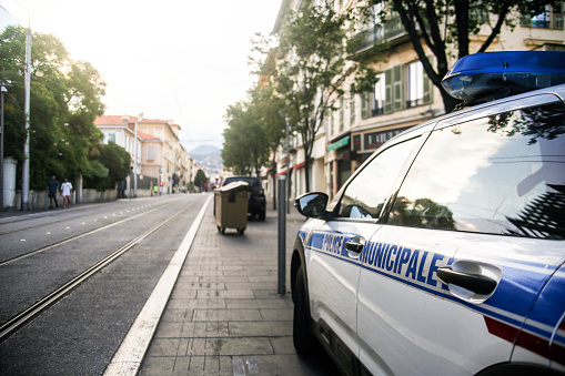 Police car on a city street.