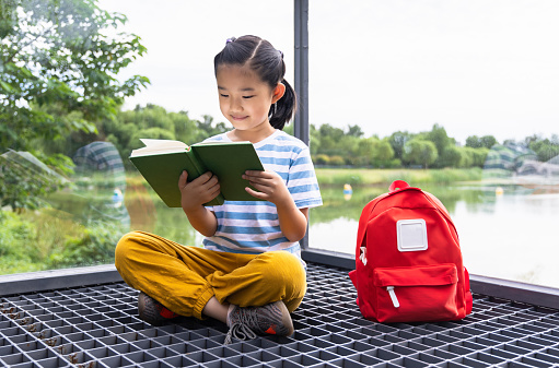 Little Girl Reading on Glass House