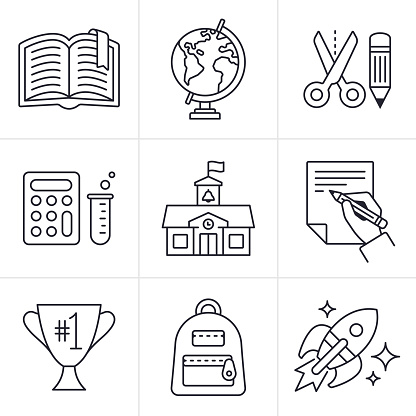 School education and learning line icons and symbols icon set collection.