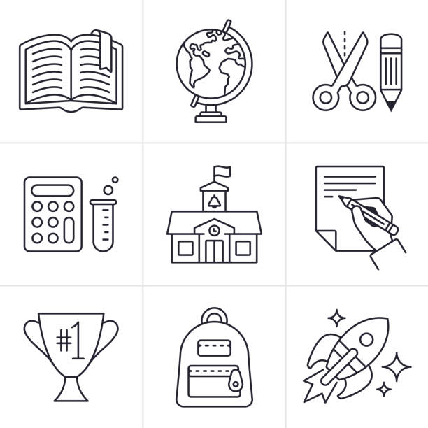 School Education and Learning Line Icons and Symbols School education and learning line icons and symbols icon set collection. schoolhouse stock illustrations