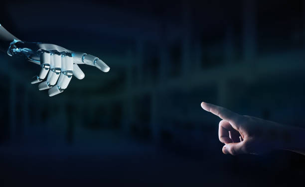 Robot hand making contact with human hand on dark background 3D rendering stock photo