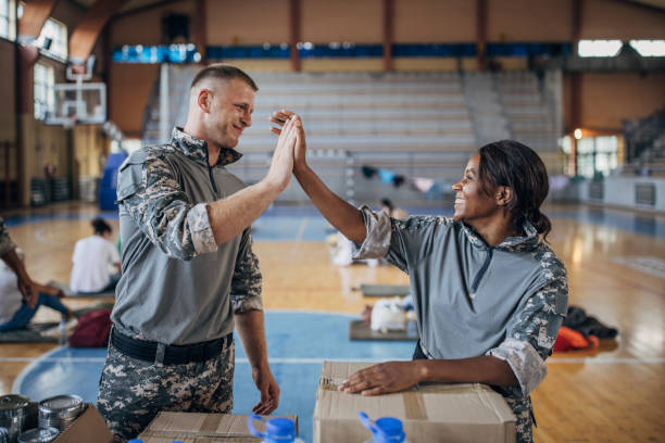 istock Soldiers preparing donations for civilians 1418476113