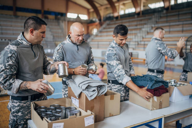 Soldiers preparing donations for civilians