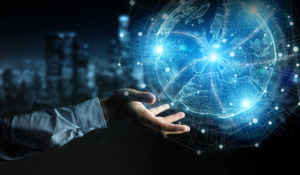 istock Businessman hand using Europe map globe network hologram 3D rendering 1418483025