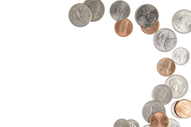 A Flat Lay background of American Coins isolated on a white background with copy space.