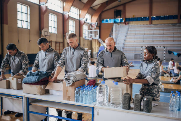 Soldiers preparing donations for civilians