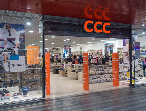 Prague, Czech Republic, March 23, 2019: CCC shoes and bags store front in Prague main railway station. CCC is one of the largest companies in Europe specializes in footwear trade.