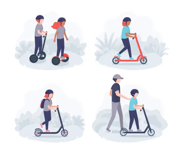 Vector illustration of Set of flat illustrations. Dad teaches child to ride scooter. Children ride scooters and gyroscooters on the street.