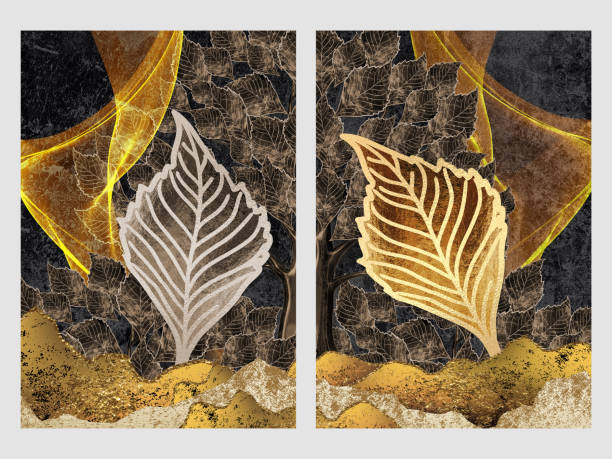 istock 3d wall frame art. Drawing black background golden waves shapes, turquoise and red tree leaves 1418489941