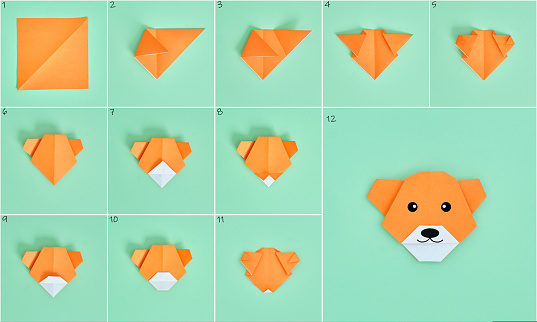 Origami Bear. Step-by-step photo instruction on a green background. DIY concept.