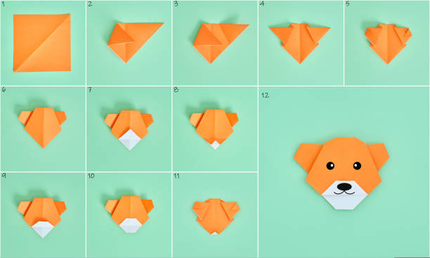 Origami Bear. Step-by-step photo instruction on a green background. DIY concept. Origami Bear. Step-by-step photo instruction on a green background. DIY concept origami instructions stock pictures, royalty-free photos & images