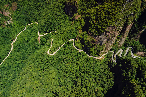 Scenic road with rocks in Espraiado canyons in Santa Catarina, Brazil. Aerial view