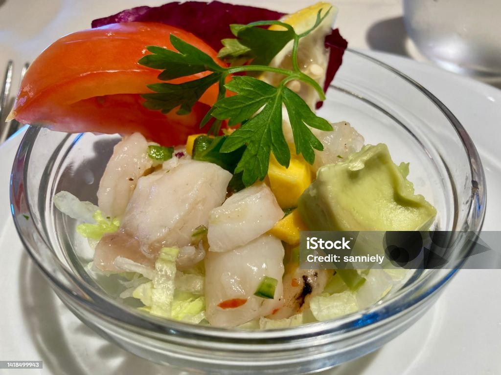 Ceviche of fish with avocado Fish ceviche with avocado Appetizer Stock Photo