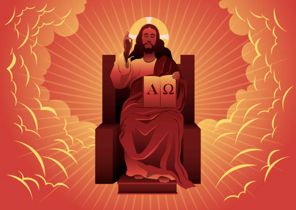 Jesus seated on throne with one hand hold open book An illustration of God or Jesus seated on throne with one hand hold open book. Biblical Series god and jesus stock illustrations