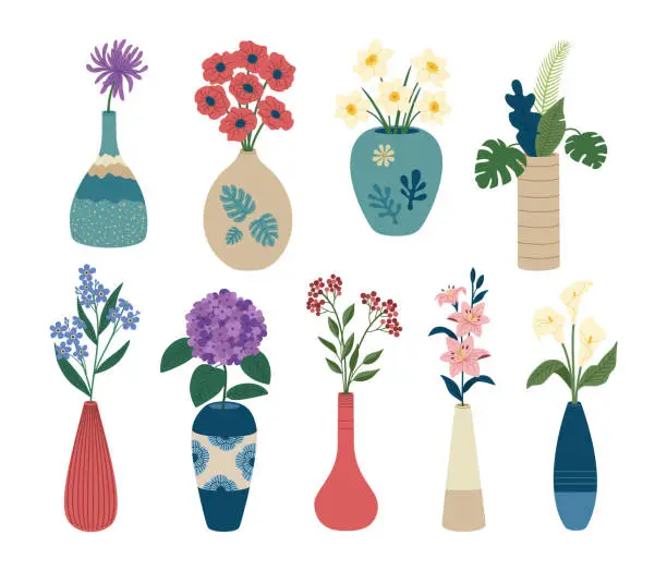 Vector illustration of Set with different beautiful bouquets in vases. Blooming spring flowers in elegant ceramic vases
