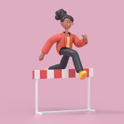 3D illustration of smiling african american woman Coco jumping over hurdle, 3D rendering on blue background.