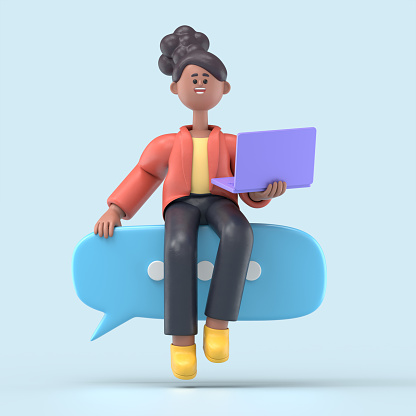 Ilustración en 3D de la sonriente mujer afroamericana Coco con computadora portátil y charla de burbujas. Renderizado 3D sobre fondo azul. photo