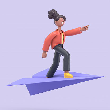 3D illustration of smiling african american woman Coco standing on a giant paper plane and pointing forward. 3D rendering on white background.