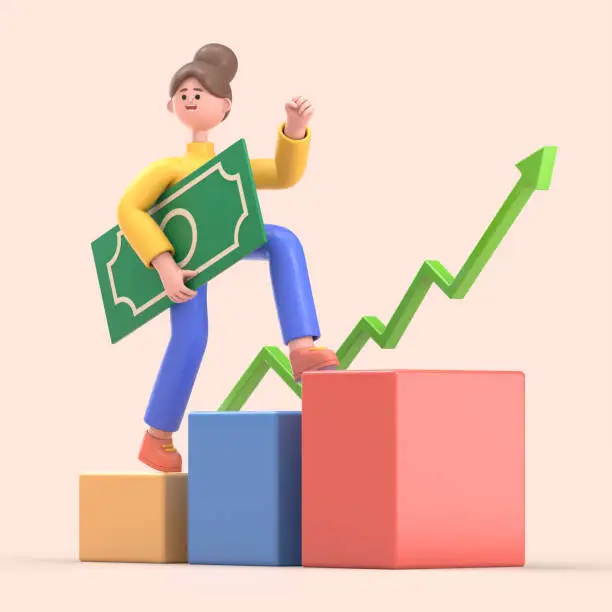 Photo of 3D illustration of smiling woman Angela walking on stack with cash and green up arrow. Stock market trading concept.