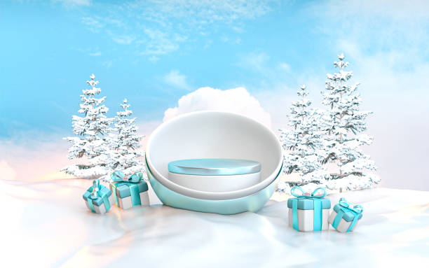 青いギフトボックス、雪だるま式クリスマスで冬の表彰台ステージをレンダリングする3d - christmas christmas card greeting card greeting ストックフォトと画像