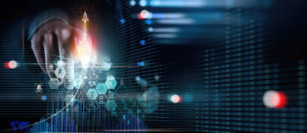 istock Businessman control virtual rocket launch growth business,Startup new business concept,  Fast business success. Network connection technology innovation business blockchain. 1418508382