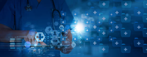 istock Medical doctor hand holding digital tablet Chatbot conversation app interface and artificial intelligence technology processing virtual assistant with customer support information. 1418508390