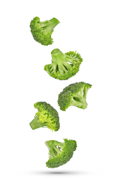 pezzo di broccoli che cade nell'aria isolato su bianco - cavolo broccolo foto e immagini stock