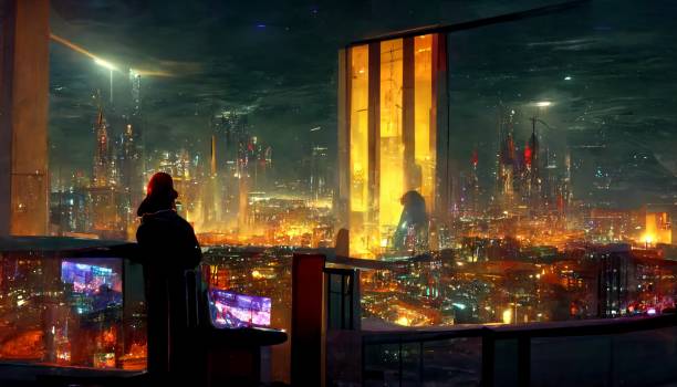 istock Cyberpunk neon city at night with a human being 1418510380