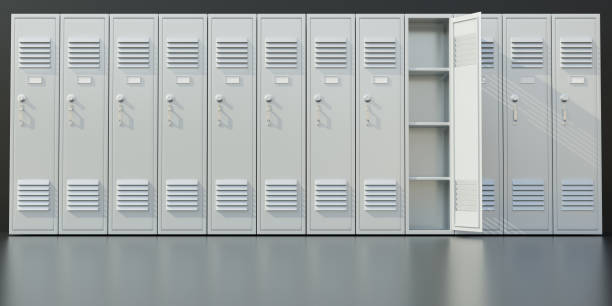 istock Gym locker. School students storage closets on gray floor. One open empty. 1418516061