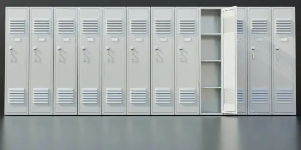 School Gym lockers row. Students storage cabinets, white color closed metal closets one open on gray floor. 3d render