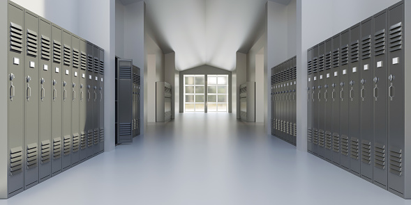High school hallway gray color lockers. Education building interior, empty corridor, 3d render