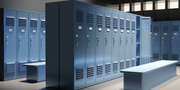 istock Gym locker, empty change room interior. School student metal closet and bench 1418516073
