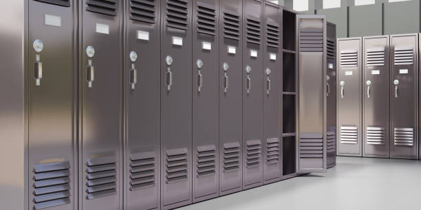 istock Gym locker, empty change room interior. School student metal closet 1418516075