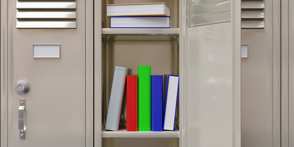 School gym locker. Books in an open student cabinet. Gym beige color metal closet, close up. 3d render