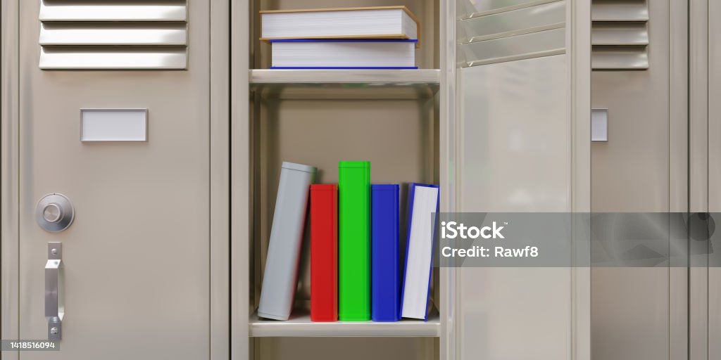 School gym locker. Books in an open student metal closet, close up School gym locker. Books in an open student cabinet. Gym beige color metal closet, close up. 3d render Locker Stock Photo