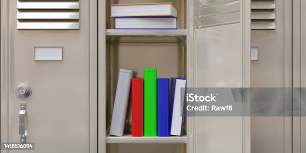 School Gym Locker Books In An Open Student Metal Closet Close Up Stock Photo - Download Image Now