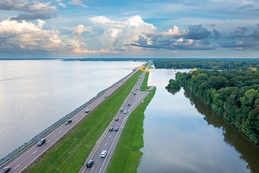 Ridgeland, MS - August 26, 2022: The Ross Barnett Reservoir Spillway dam, that feeds the Pearl River, just north of Jackson, MS with flooding due to high rain levels.