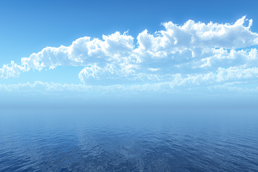 Clouds above the ocean on a sunny day, with a blue sky. 3D illustration rendering.