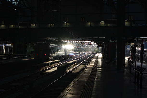 istock Train waiting at platform in railway station, Leeds, west Yorkshire, England, Britain 1418518737