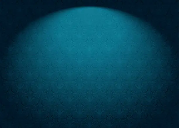 Vector illustration of Royal, vintage, Gothic horizontal background in dark cyan, blue with a classic antique ornament, Rococo. Vector illustration